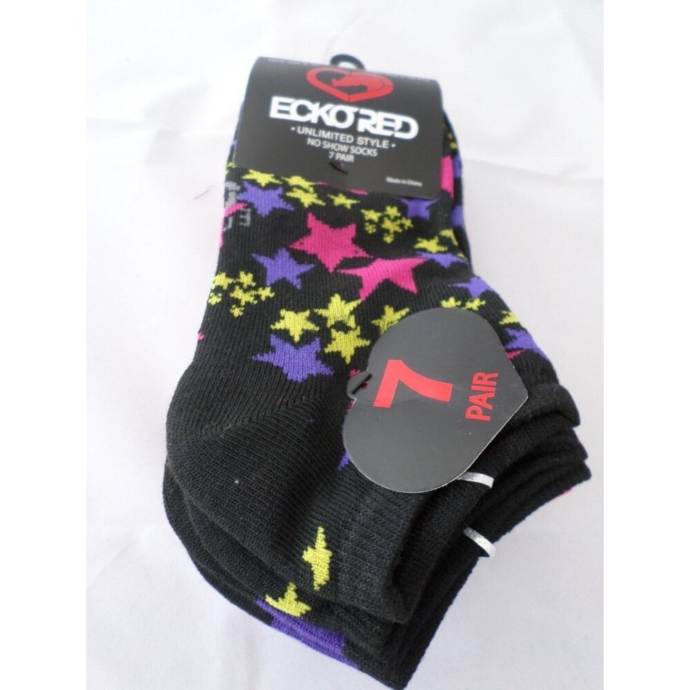 7 Pair Ecko Red No Show Socks Stars Black Pink Purple Yellow 4-10 1/2